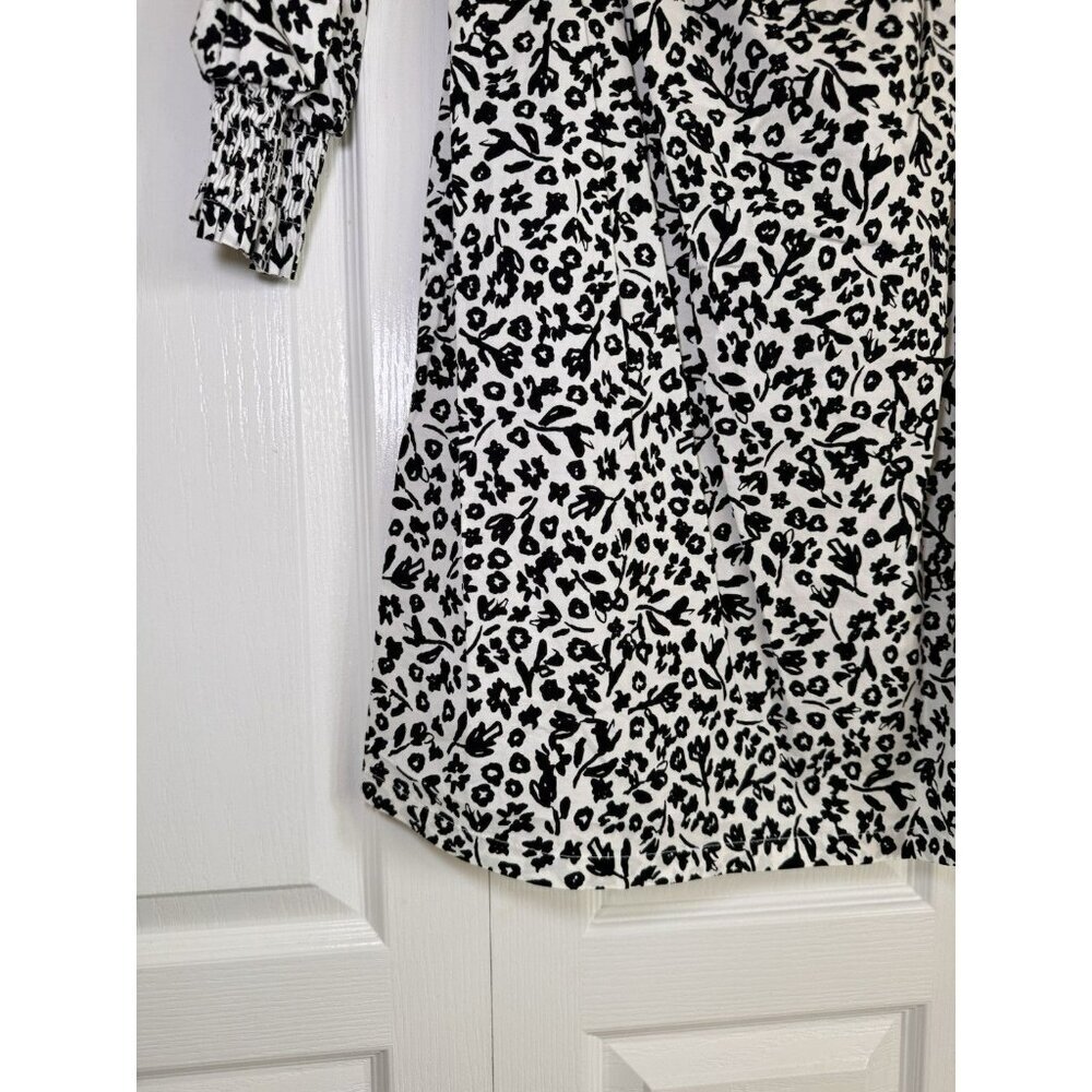 ZARA Off Shoulder Floral Mini Dress Black White Ruffle 3/4 Sleeve M - Picture 3 of 6